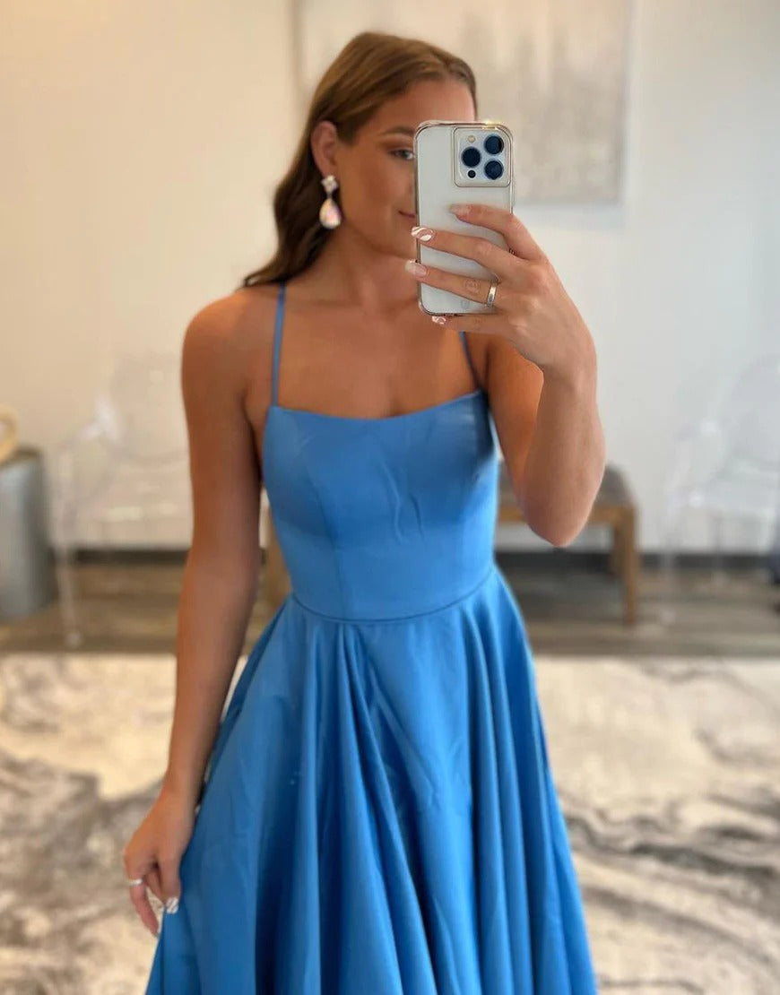 Simple Blue Spaghetti Straps Backless A-Line Prom Dresses