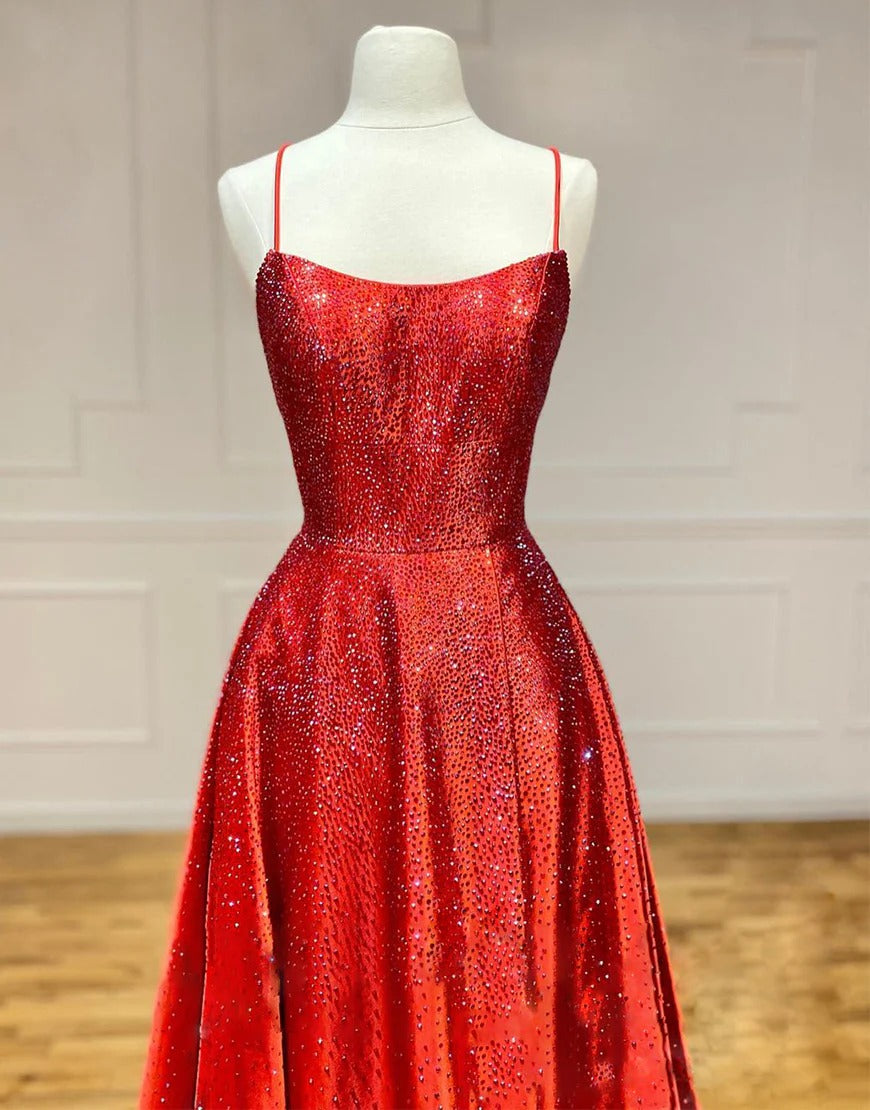 Red Satin Beaded Long Prom Dresses