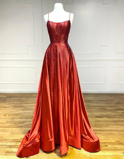 Red Satin Beaded Long Prom Dresses