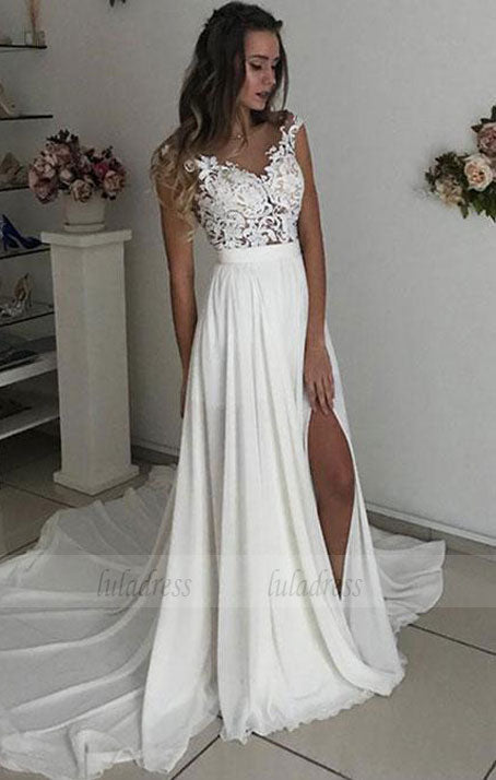 White V Neck Lace Tulle Long Prom Dress, Wedding Dress