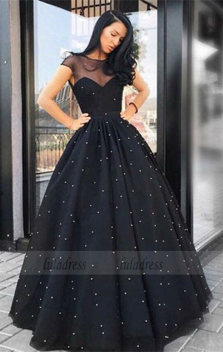 A-Line Round Neck Floor-Length Black Tulle Prom Dresses with Pearls