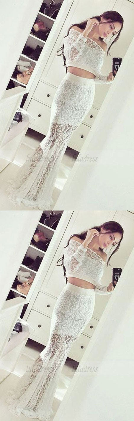 Two Piece Mermaid Off the Shoulder Long Sleeves Lace Prom Dress,BD99778