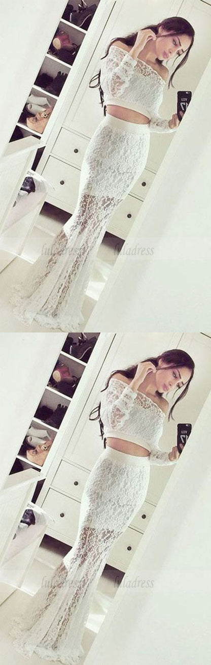 Two Piece Mermaid Off the Shoulder Long Sleeves Lace Prom Dress,BD99778
