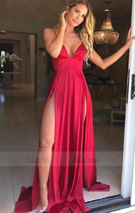 simple red stain long prom dresses for teens, sexy spaghetti straps high split prom party dress