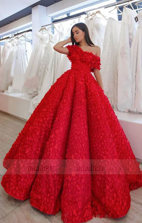 A-Line Off the Shoulder Floor-Length Red Lace Prom Dress with Appliques