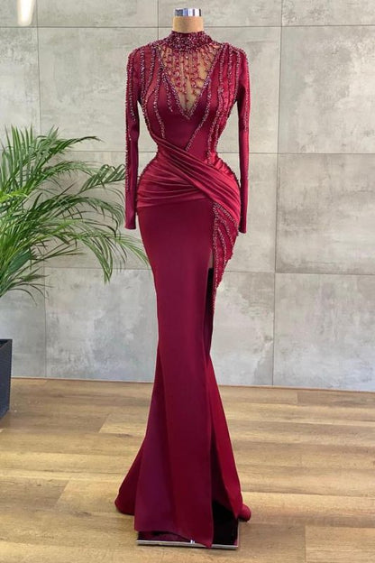 Burgundy Elegant Long Sleeve Prom Dress Mermaid Beadings Evening Gowns