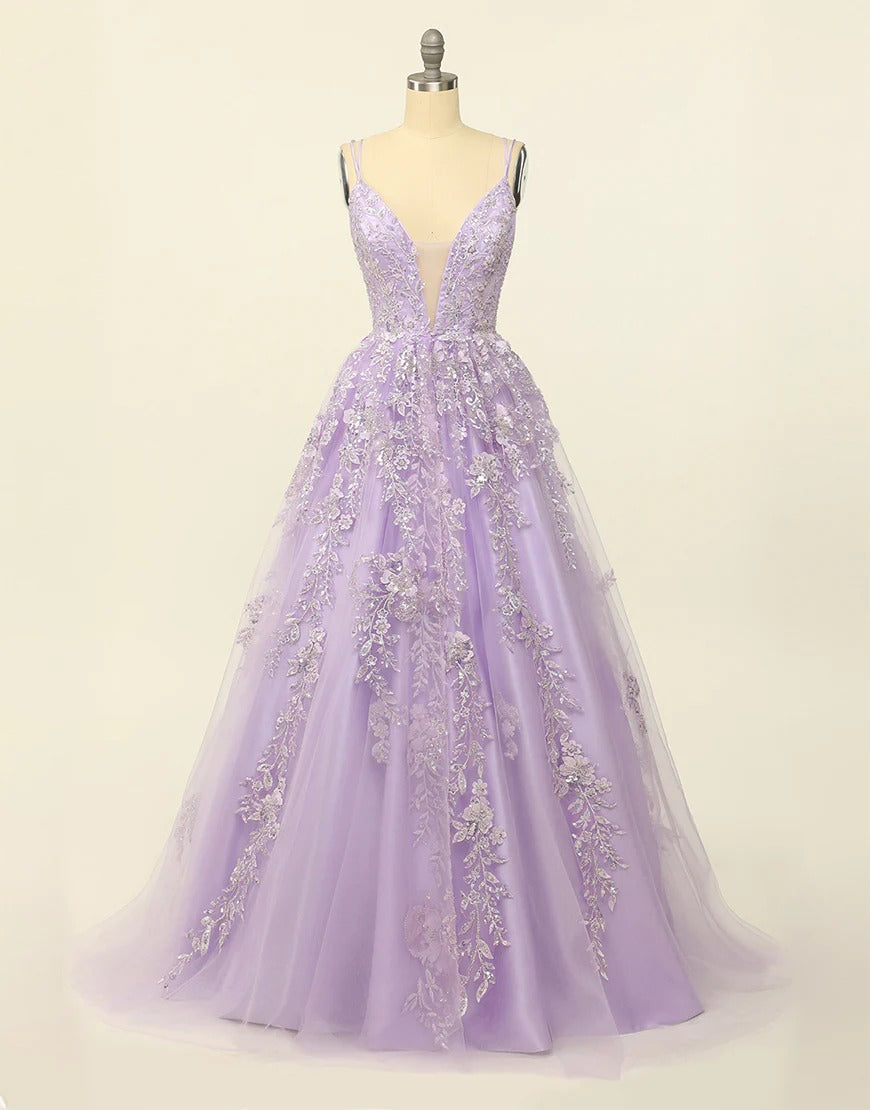 Lilac Princess A Line Long Prom Dresses with Embroidery