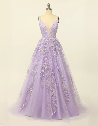 Lilac Princess A Line Long Prom Dresses with Embroidery