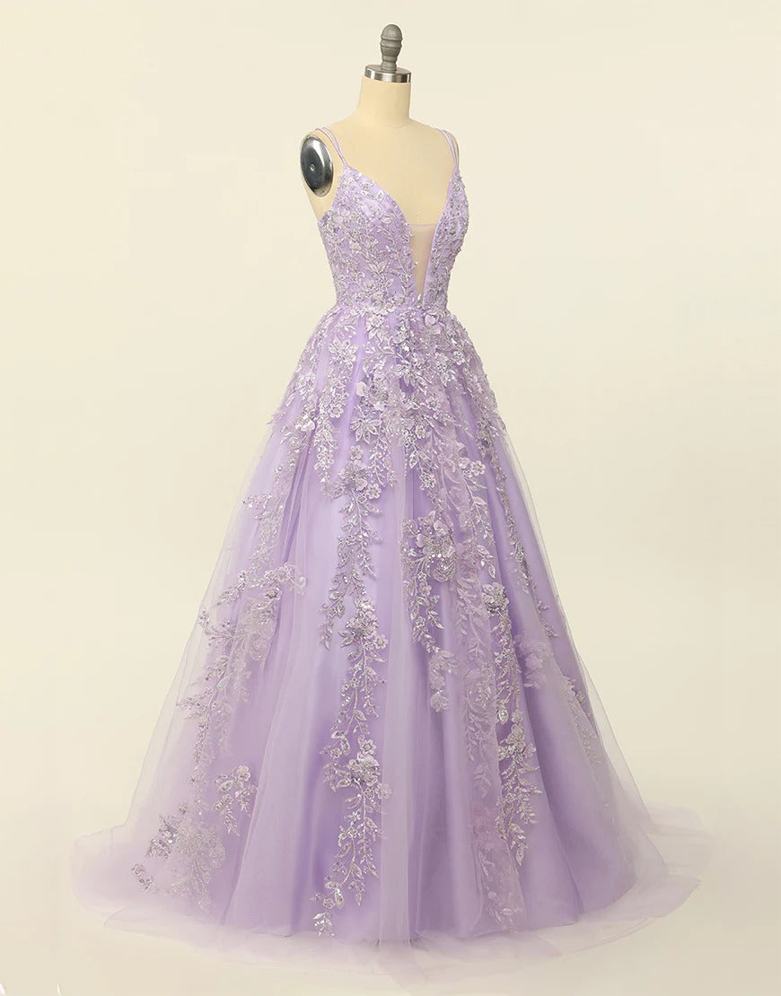 Lilac Princess A Line Long Prom Dresses with Embroidery