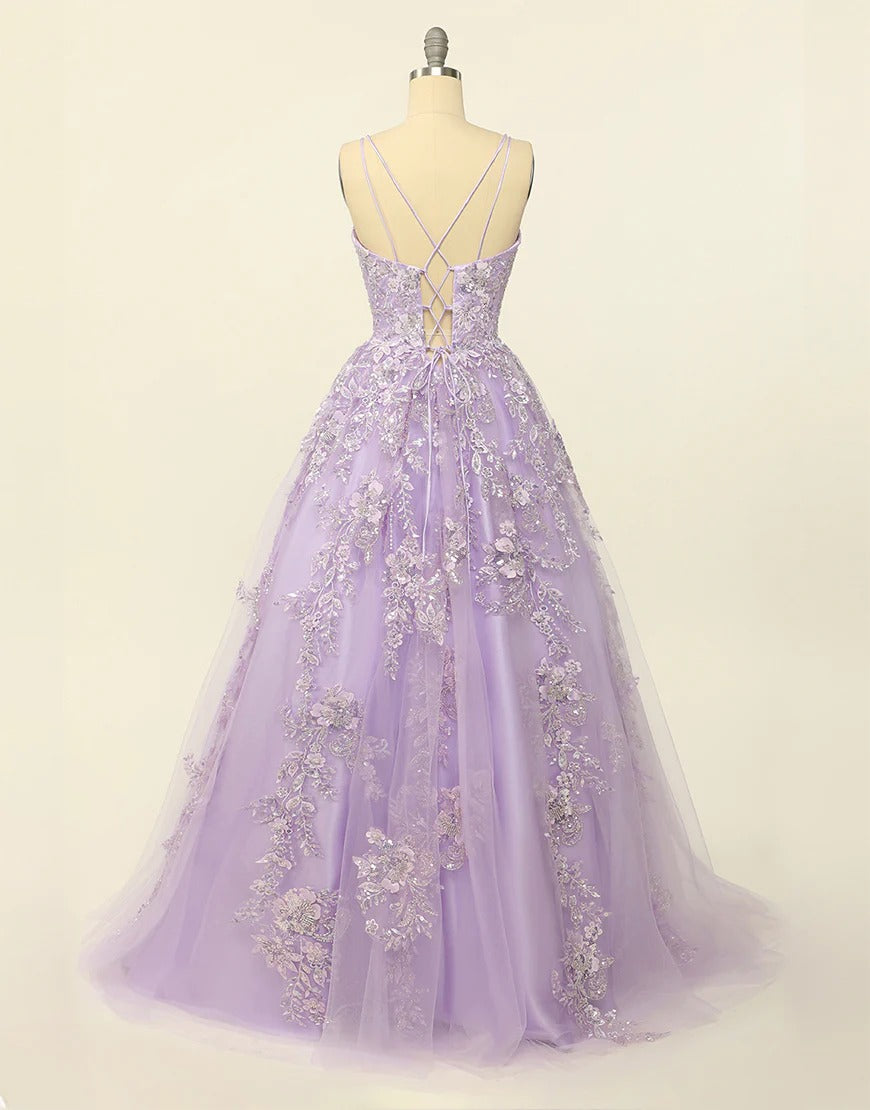 Lilac Princess A Line Long Prom Dresses with Embroidery