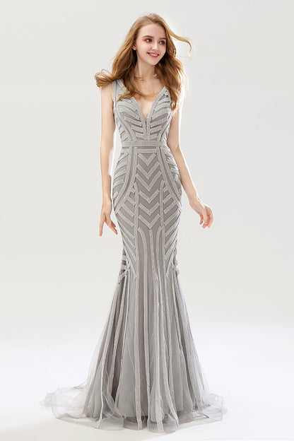 Formal Beaded V-neck Mermaid Long Evening Dress