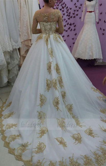 Gold Lace Appliques White Tulle Long Sleeves Bridal Ball Gown Wedding Dresses