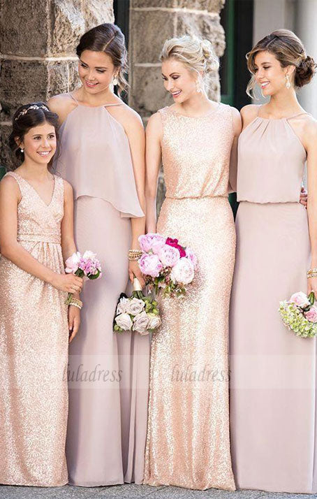 Mismatched Dark Gold Sequin Long Bridesmaid Dresses, Affordable Unique Custom Long Bridesmaid Dresses