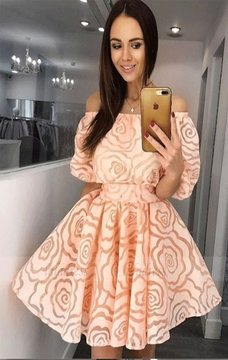 A-Line Off-the-Shoulder Half Sleeves Short Coral Organza Homecoming Dresses