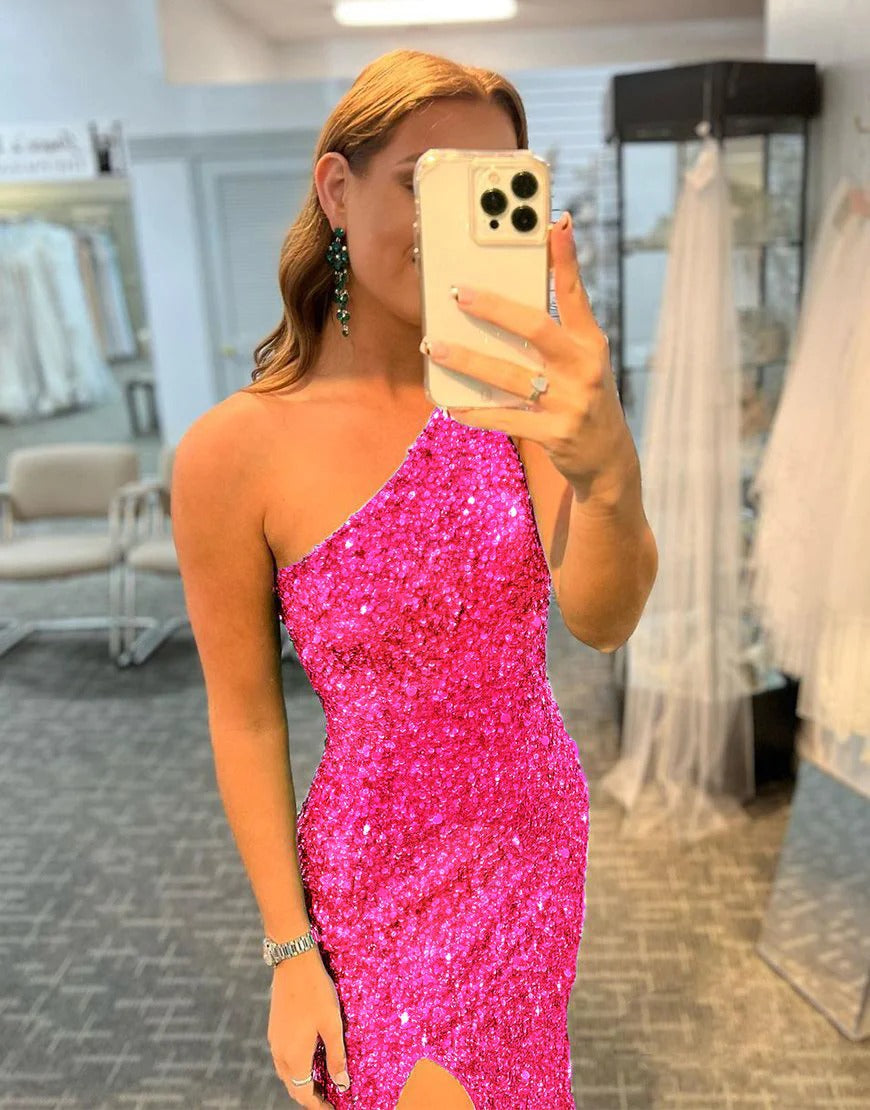 Mermaid Glitter One Shoulder Long Open Back Prom Dresses