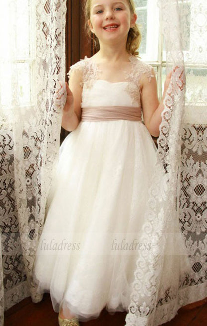 A-Line Jewel Floor-Length White Tulle Flower Girl Dress with Flowers