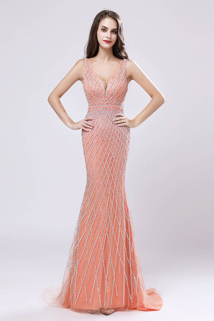 Formal V-neck Mermaid Beaded Long Evening Dress