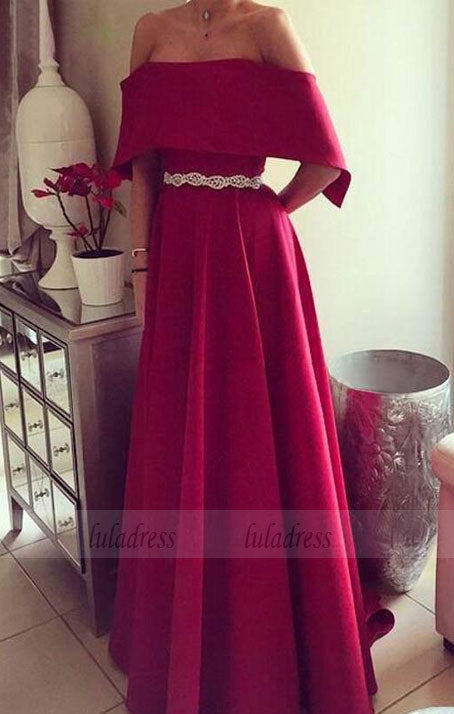 A-line Strapless Short Sleeves Sweep Train Burgundy Satin Prom Dress with Beading