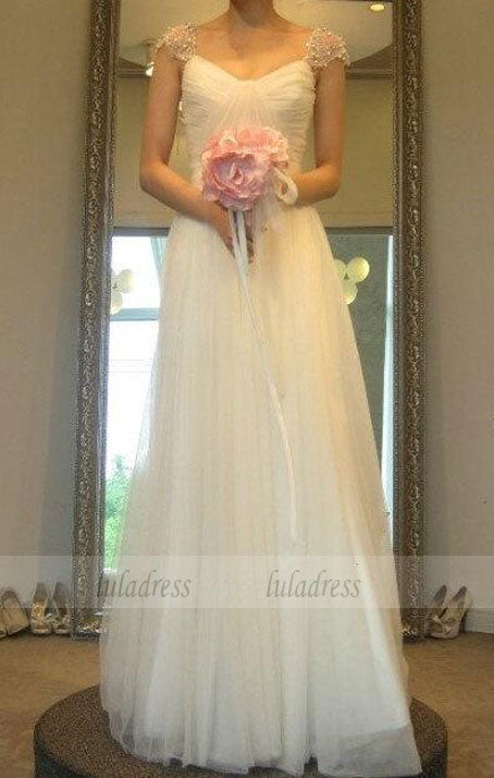 Wedding Dress With Cap Sleeves,White Brides Dress,Chic Wedding Gowns