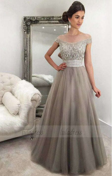 Off-the-Shoulder Floor-Length Light Grey Tulle Prom Dress with Beading