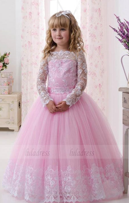 Lace Long Sleeves Ball Gown Pink Flower Girl Dresses