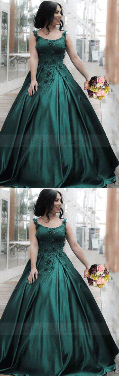 Hunter Green Lace Flowers Embroidery Satin Ball Gowns