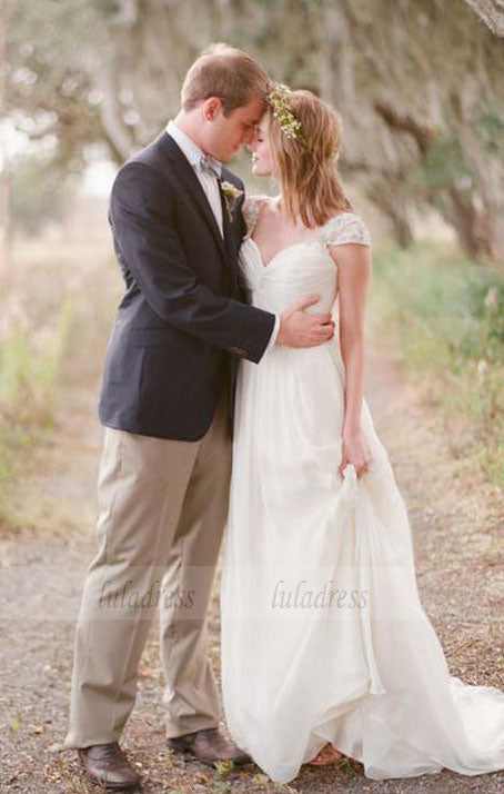 Chiffon Wedding Dress,Bridal Dress with Cap Sleeves