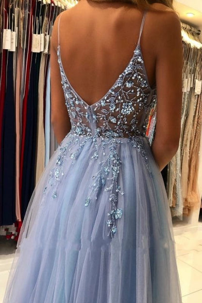 Appliques Breath-taking Sleeveless Tulle Ocean Blue Split Prom Dresses