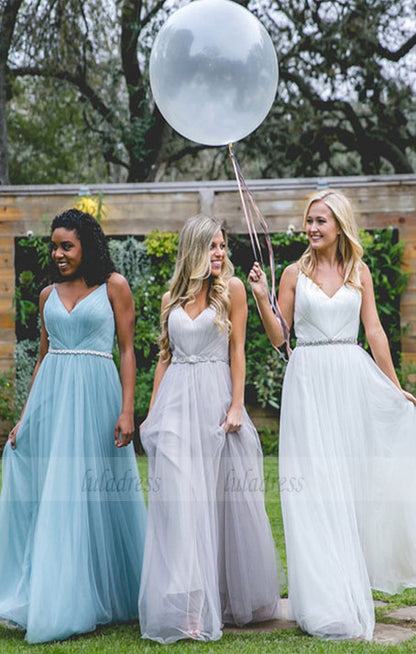 Long Bridesmaid Dress, Tulle Bridesmaid Dress, V-Neck Bridesmaid Dress,BD98993