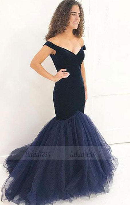 Mermaid dark blue long prom dress, velvet evening dress