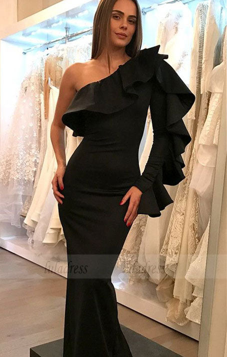 Prom Dresses,Long Prom Dress,Black One Shoulder Sexy Mermaid Satin Long Prom Dresses,BD98483