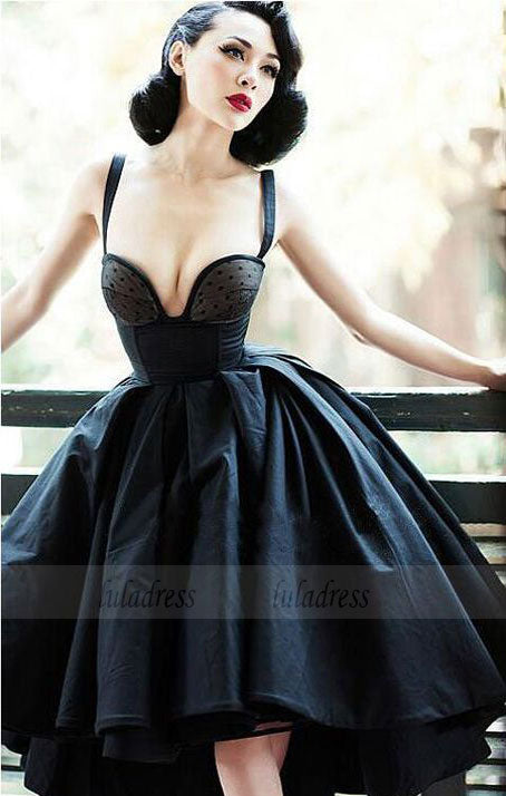 Vintage A-Line Straps Black Satin High Low Homecoming/Prom Party Dress