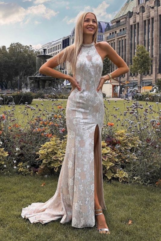 Sexy Backless Lace Slit Prom Dress Online