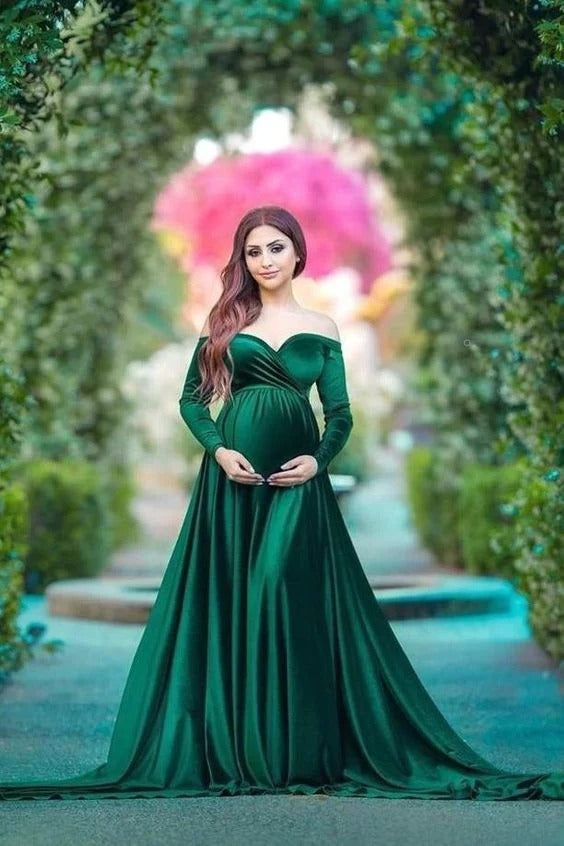 Velvet Maternity Gown ,Green Prom Dresses – luladress