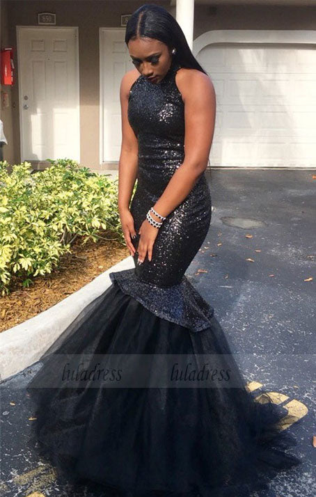 Black High-Neck Tulle Sexy Mermaid Sequins Gorgeous Sleeveless Prom Dress