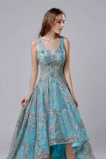 High Low Blue Floral Prom Dress Charming Party Dress