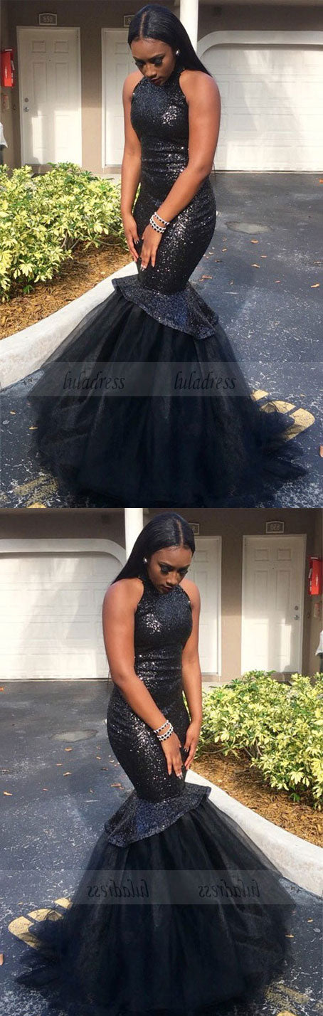 Black High-Neck Tulle Sexy Mermaid Sequins Gorgeous Sleeveless Prom Dress