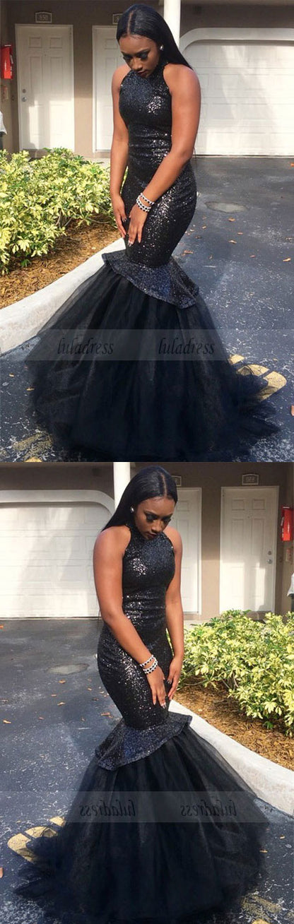 Black High-Neck Tulle Sexy Mermaid Sequins Gorgeous Sleeveless Prom Dress