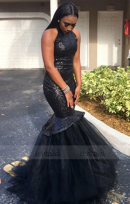 Black High-Neck Tulle Sexy Mermaid Sequins Gorgeous Sleeveless Prom Dress