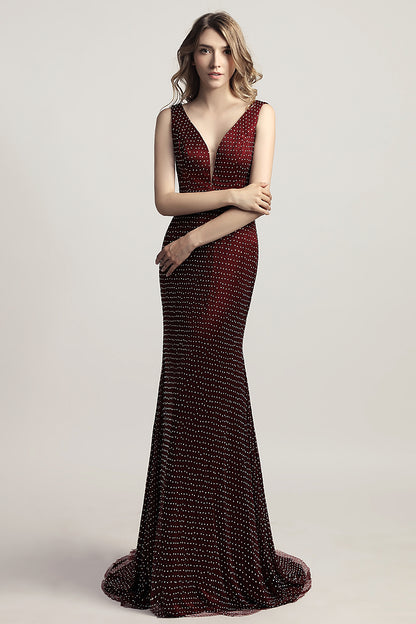 Formal burgundy beaded v-neck long formal evening dress