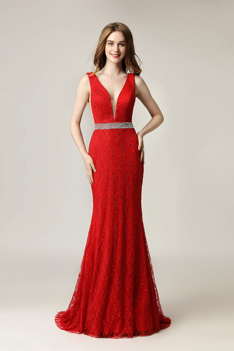 Red Lace Formal Mermaid Long Evening Dress