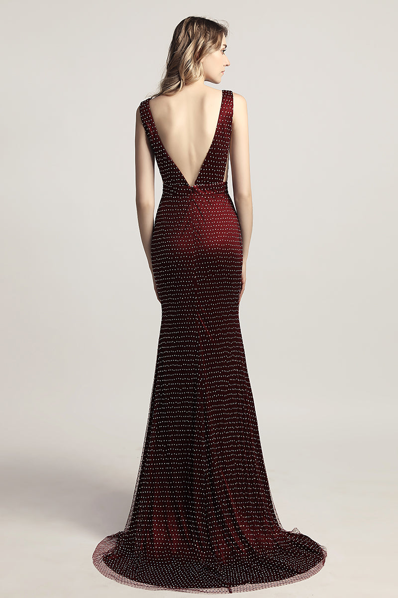 Formal burgundy beaded v-neck long formal evening dress