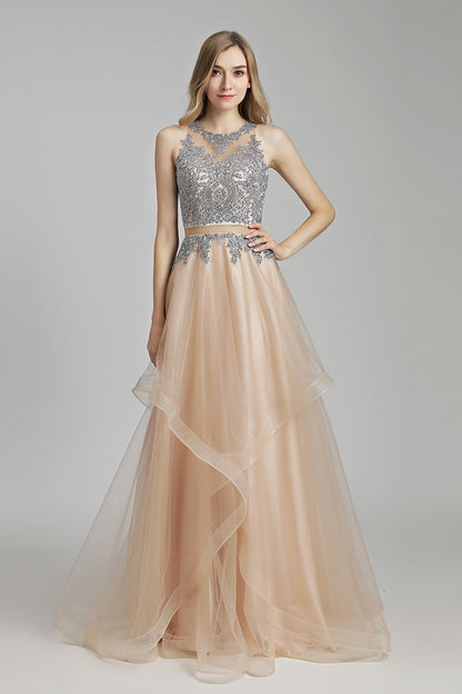 Chic Lace Appliques A-line Long Prom Dress