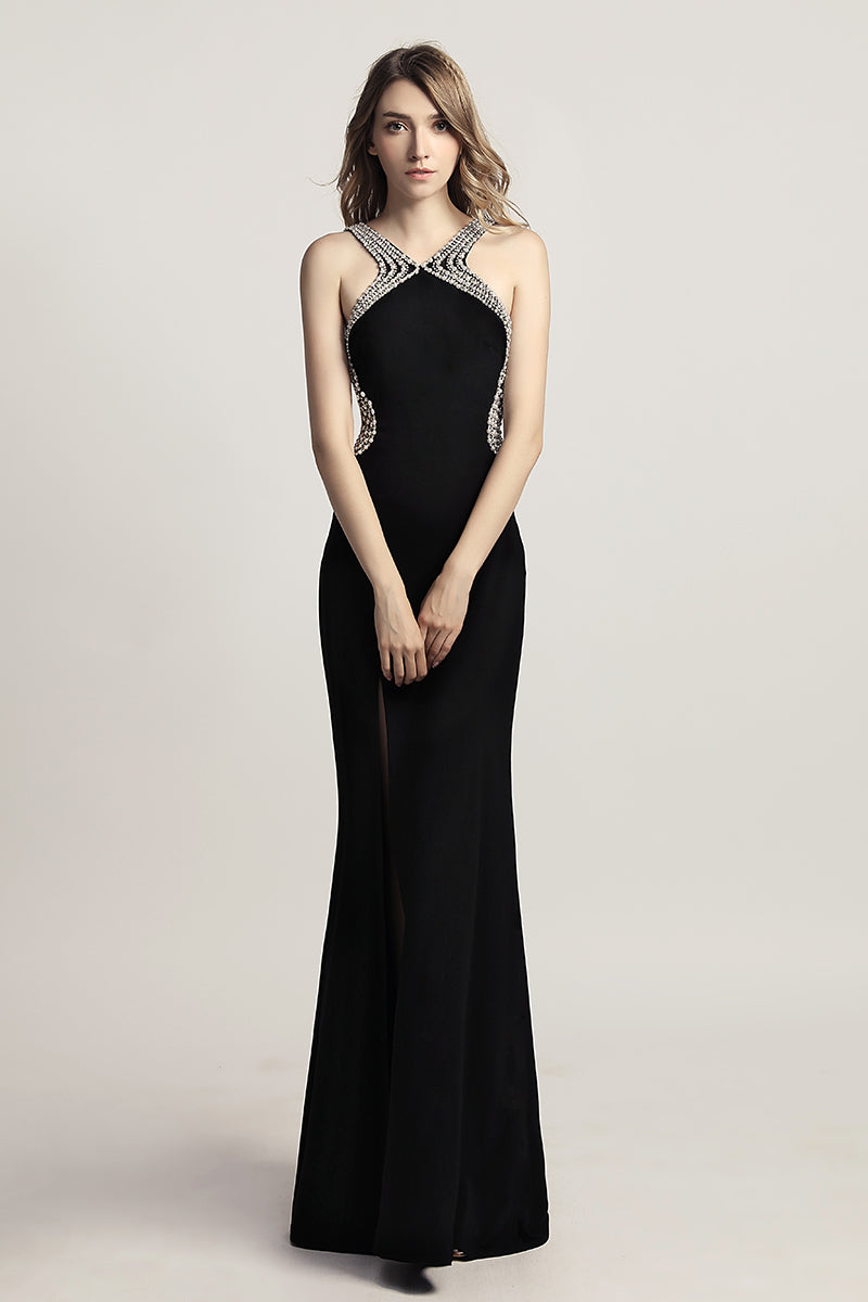 Green & Black Sexy Backless Long Evening Dress With Side Slit