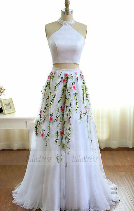 High Neck White Prom Dress with Beading Embroidery, Two Piece Formal Dress