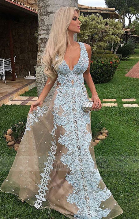 Tulle Floor-Length Long V-neck Amazing Lace Prom Dress