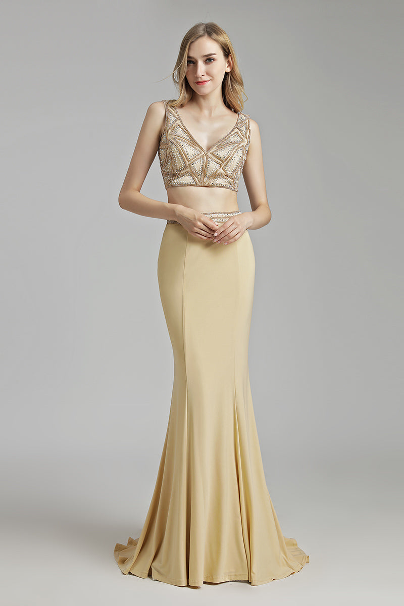 Two Pieces V-neck Beaded Top Long Prom Dress