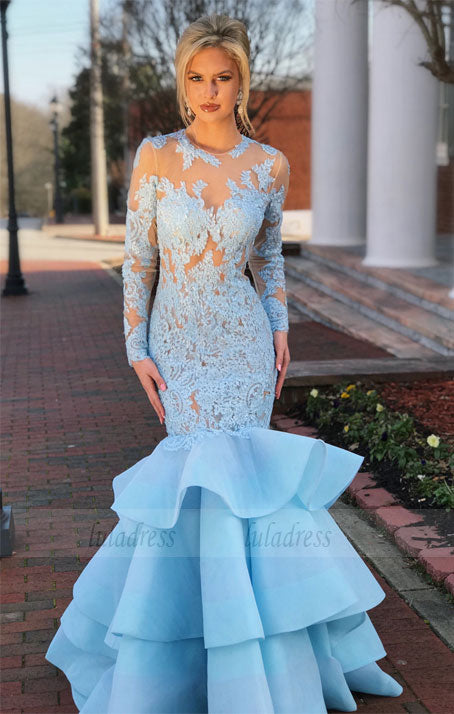 Elegant Lace Long Sleeves Open Back Mermaid Evening Dresses