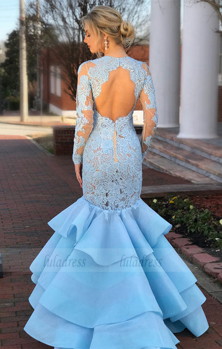 Elegant Lace Long Sleeves Open Back Mermaid Evening Dresses