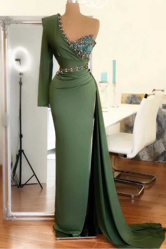 Affordable Green Satin Slit Long Prom Dress On Sale